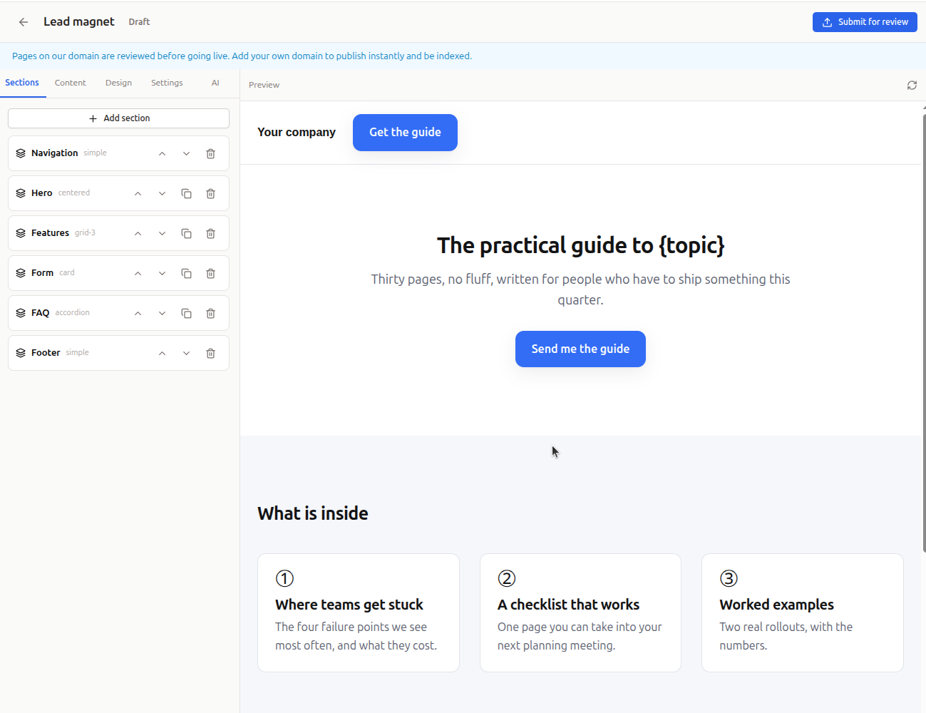 The landing page editor